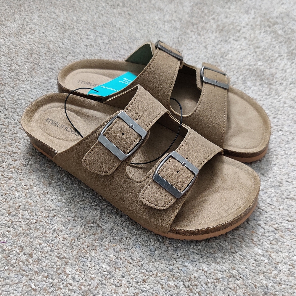NWT Maurices Tan Double Strap Faux Suede Sandals